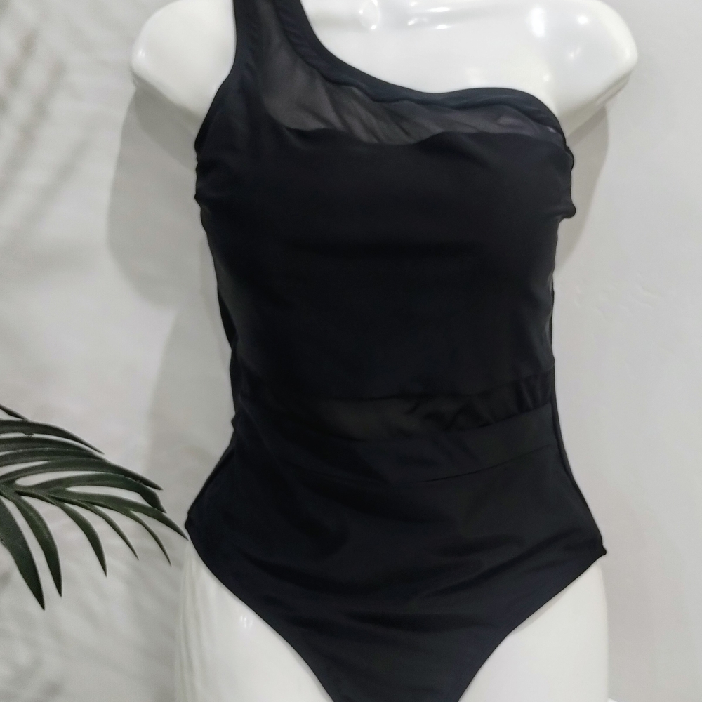 Cupshe Black One-Shoulder Mesh Detail One-Piece Swimsuit